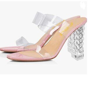 FSJ Pink Clear Double Strap Mules Slip On Open Toe Transparent High Heel Sandals